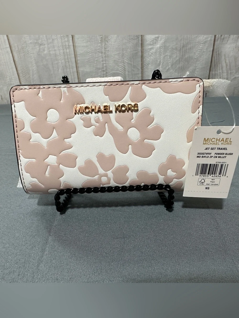 Michael Kors Pink & White Floral Appliqué Wallet with Gold Logo